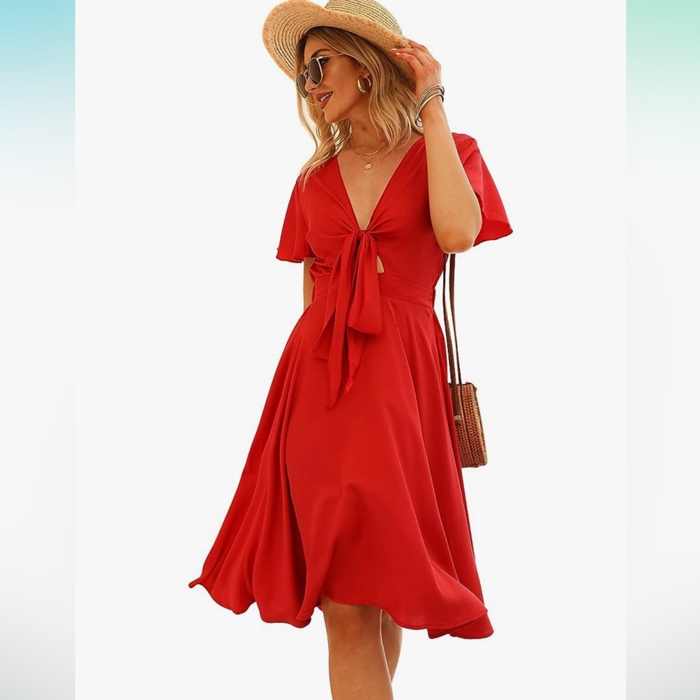 Exlura Tie Front V-Neck Waisted Short Ruffle Sleeve Midi Dress XXL